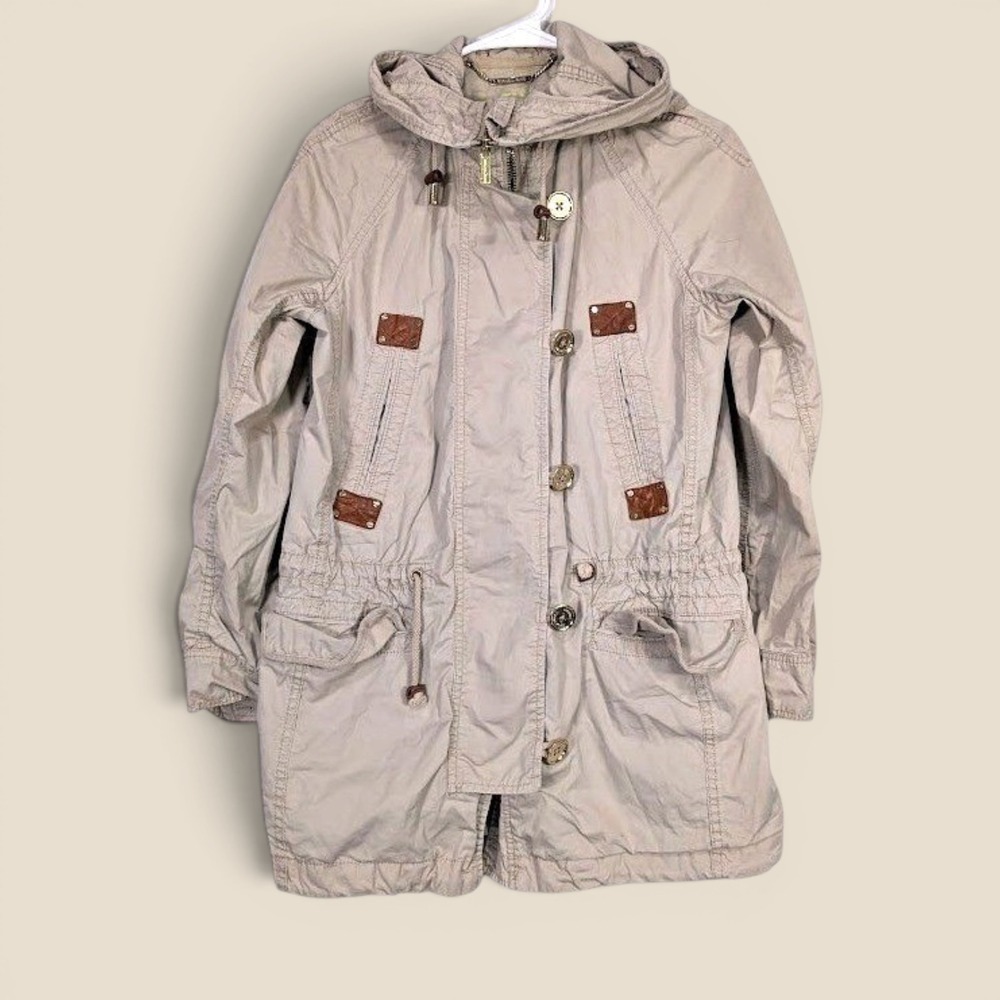 Michael Kors Women Jacket XS Khaki Tan Cotton Hooded Utility Parka Gold Hardware